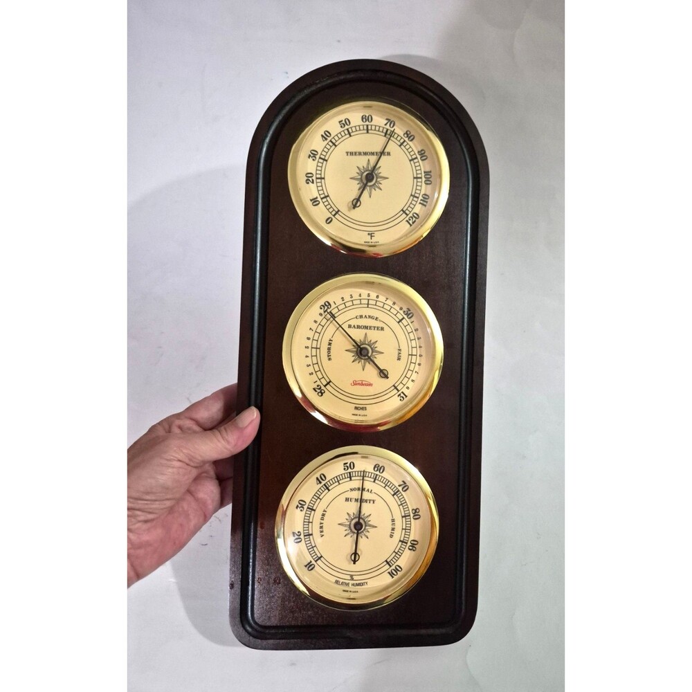 Vintage SUNBEAM Vertical WEATHER STATION Thermometer Barometer Hygrometer WOOD